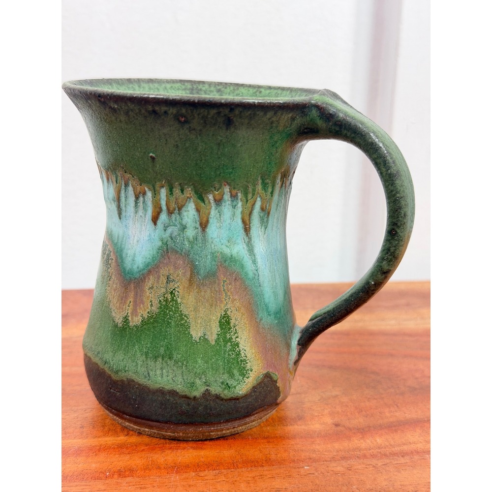 Studio Pottery Mug Green Turquoise Drip Glaze Hand Thrown Signed Stoneware - Picture 5 of 11